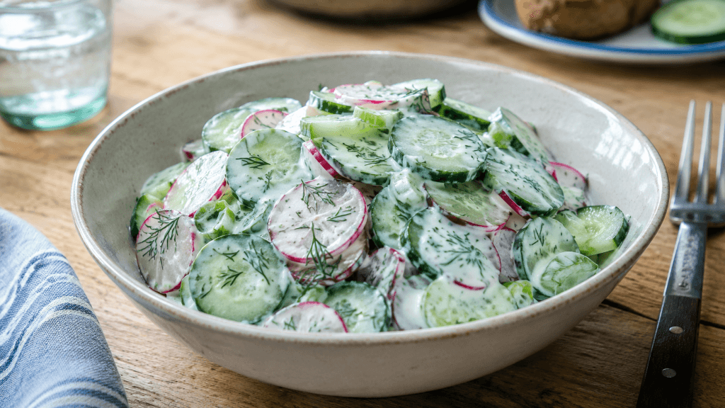 Gurken Radieschen Salat zum Steak mit Dill-Joghurt-Dressing