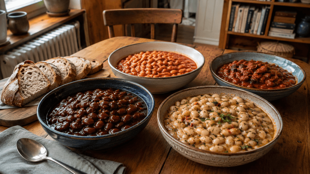 Hausgemachte Baked Beans in mehreren Varianten mit Brot auf einem Holztisch