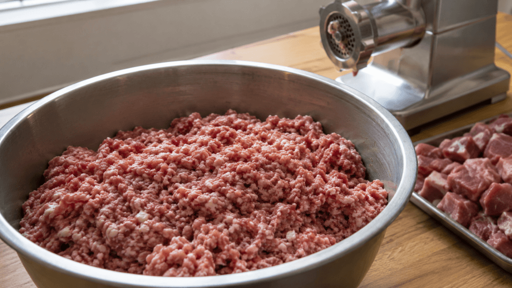 Grob gewolftes Fleisch mit sichtbaren Speckstückchen in einer Metallschüssel