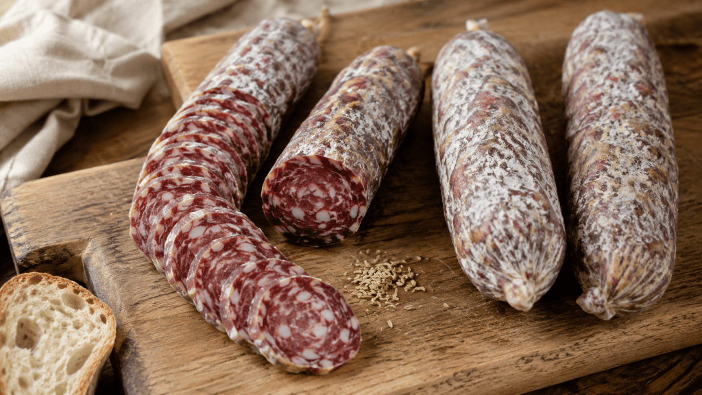 Hausgemachte Salami mit dünnen Scheiben, ganzen Stangen und Fenchelsamen auf einem Holzbrett.