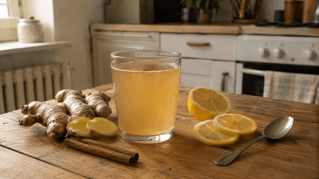 Hausgemachter Ingwer-Zimt-Drink mit Zitronenscheiben, Ingwerwurzel und kleinem Löffel