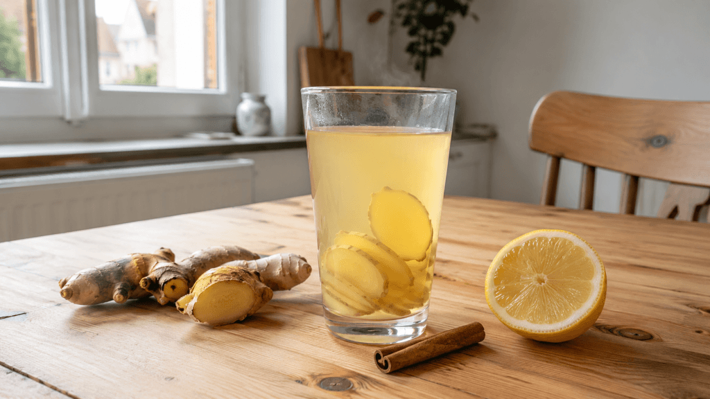 Frischer Ingwer-Zimt-Drink mit Zitronenhälfte und Ingwerstücken auf hellem Holztisch