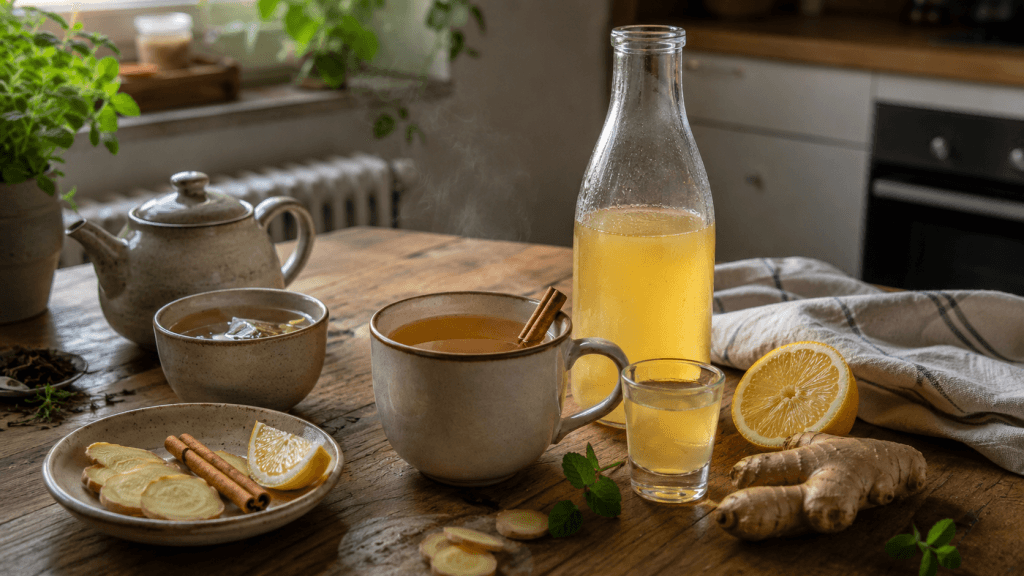 Ingwer-Zimt-Drink-Varianten mit Zitrone, frischem Ingwer, Minze und Zimtstangen