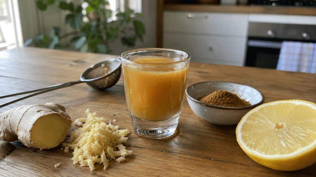 Kleiner Ingwer-Zimt-Shot mit Zitrone, geriebenem Ingwer und Zimtpulver