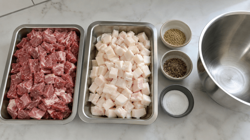 Kaltes Fleisch und Speckwürfel für italienische Salami selber machen zu Hause