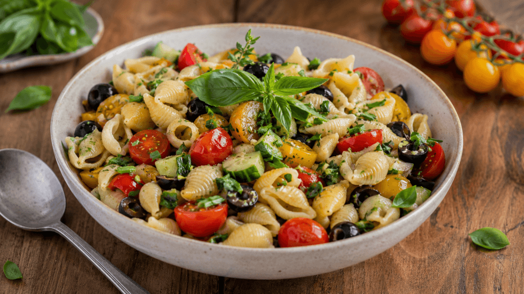 Jamie Oliver Nudelsalat mit Muschelnudeln, Tomaten, Gurke, Oliven und Basilikum