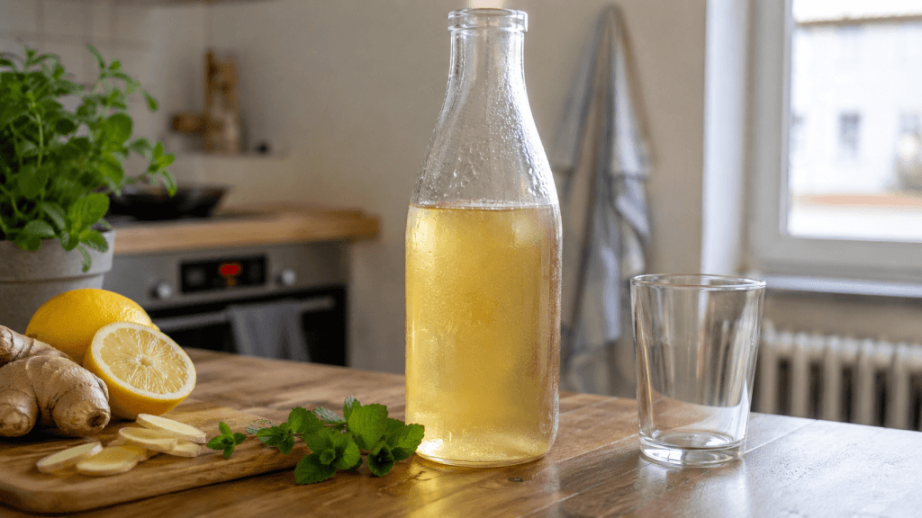 Kalter Ingwer-Zimt-Drink in einer Glasflasche mit Zitrone und Minze