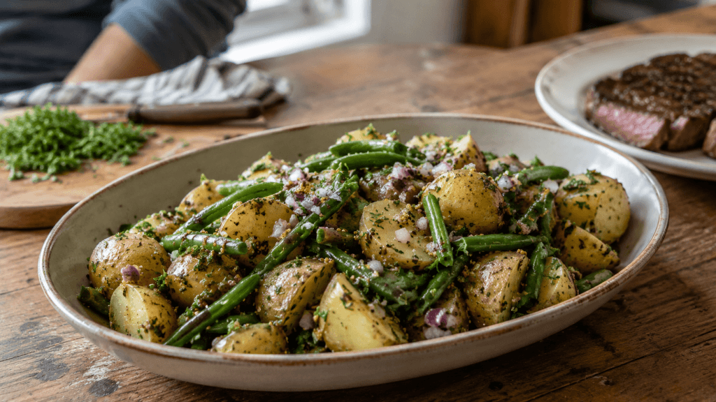 Warmer Kartoffel-Bohnen-Salat zum Steak mit Senf-Vinaigrette