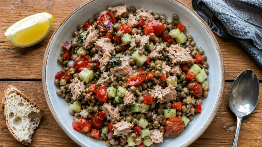 Eine Schale Linsensalat mit Thunfisch, Gurke, Cherrytomaten, Paprika und Petersilie auf einem Holztisch