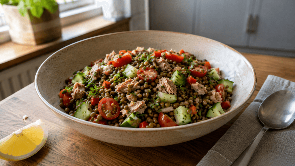 Linsensalat mit Thunfisch, Gurke, Tomaten und Vinaigrette in einer Keramikschale