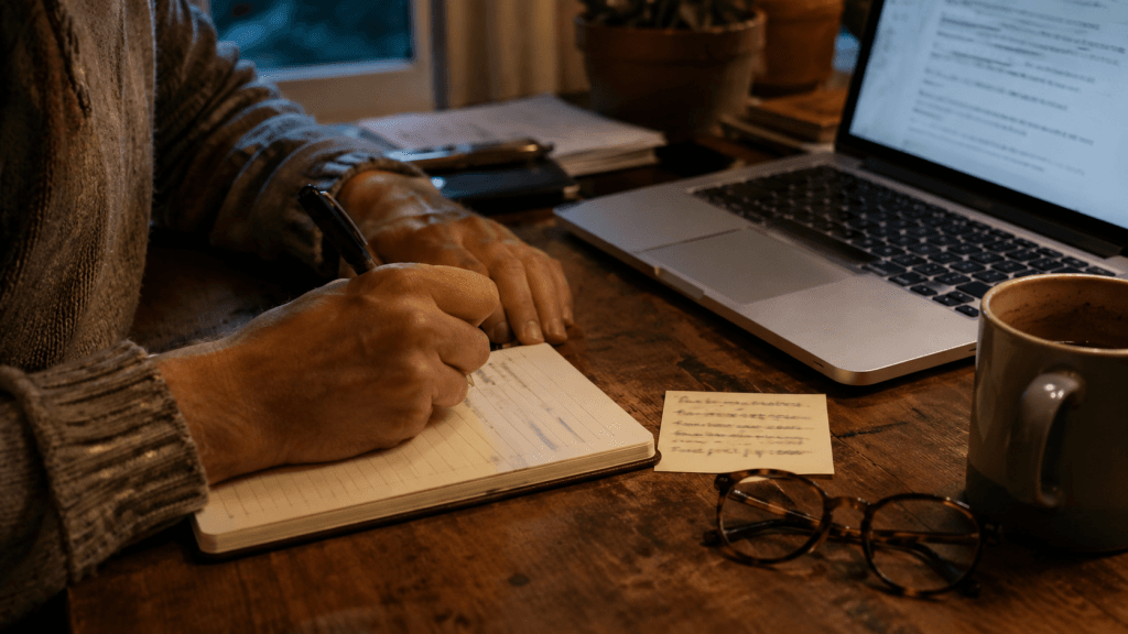 Hand schreibt in ein Notizbuch neben Laptop, Brille und Kaffeetasse