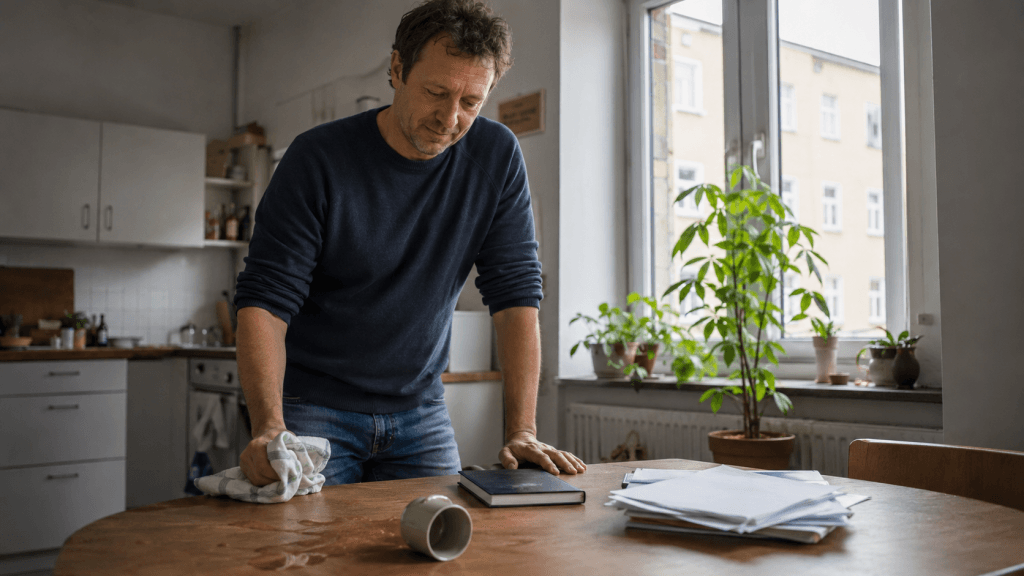 Mann wischt verschütteten Kaffee auf und bleibt trotz kleiner Alltagspanne ruhig.