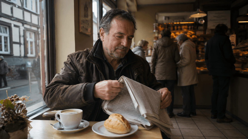 Mann sitzt morgens in einer kleinen Bäckerei mit Kaffee, Brötchen und Zeitung