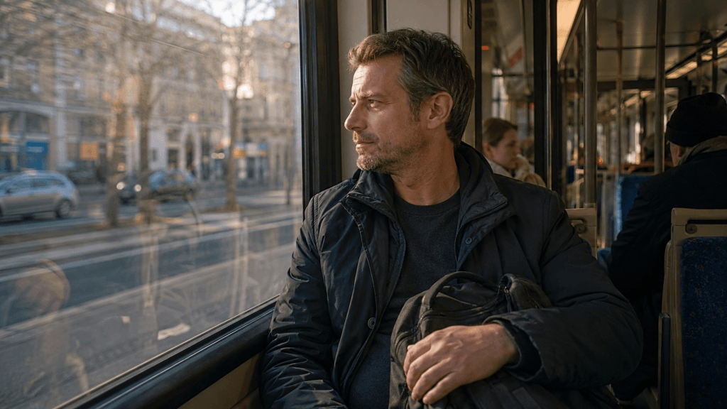 Mann sitzt im Tram und macht eine ruhige Pause nach der Arbeit