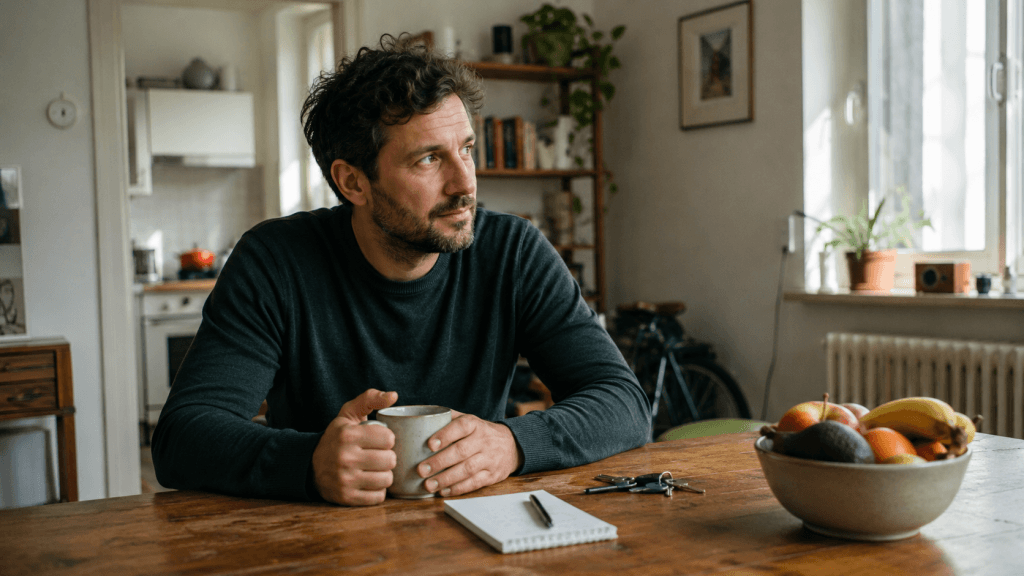 Mann am Küchentisch mit Kaffee, kleinem Notizblock, Stift, Schlüsseln und Obstschale