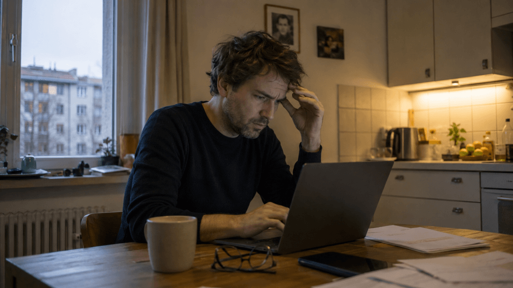 Mann bemerkt einen kleinen Fehler bei der Arbeit am Laptop