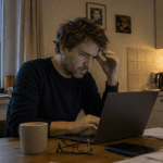 Mann bemerkt einen kleinen Fehler bei der Arbeit am Laptop