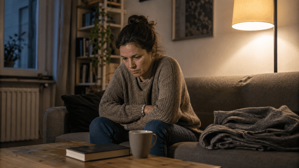 Frau sitzt abends auf dem Sofa, weil der Kopf voll ist und Gedanken kreisen