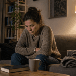 Frau sitzt abends auf dem Sofa, weil der Kopf voll ist und Gedanken kreisen