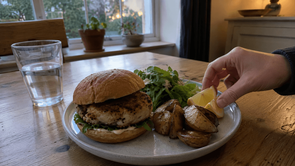Seafood-Burger mit grünem Salat, Kartoffeln und Zitrone auf einem Teller