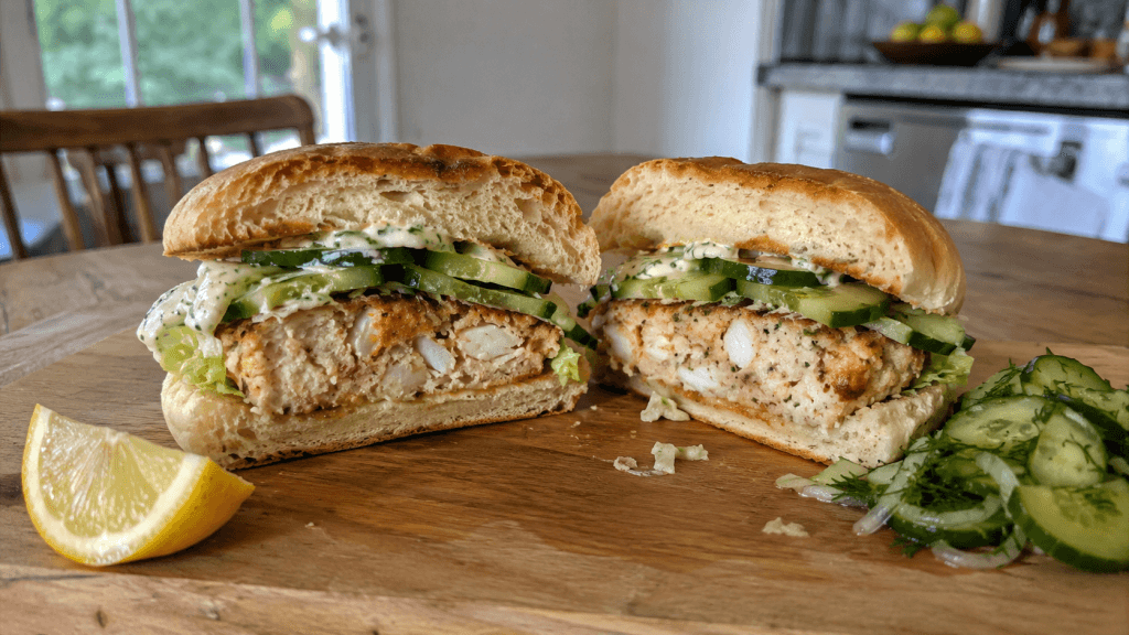 Angeschnittener Krabben Burger mit Seafood Patty, Gurke und Dill-Sauce
