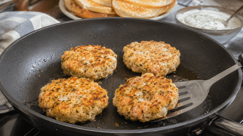 Vier Krabben-Patties für Krabben Burger braten in einer Pfanne mit goldener Kruste und sichtbaren Garnelenstücken