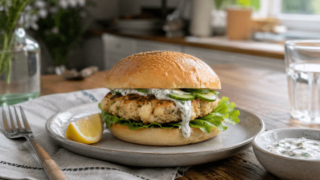 Krabben Burger Rezept mit Nordseekrabben-Patty, Dill-Sauce, Gurke und Zitrone auf einem Teller