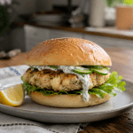 Krabben Burger Rezept mit Nordseekrabben-Patty, Dill-Sauce, Gurke und Zitrone auf einem Teller
