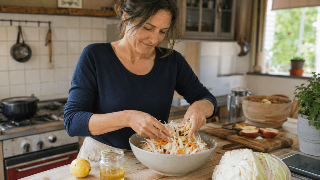Frau mischt Kraut Apfel Salat mit Karotten in einer Keramikschale