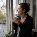 Frau bei einer kreativen Auszeit am Fenster nach einem Regentag