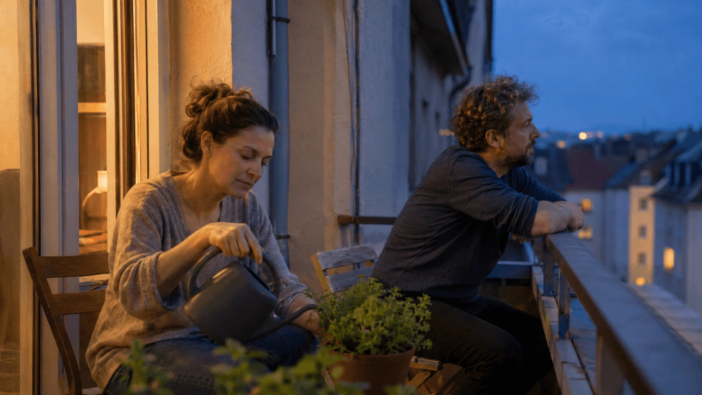 Frau und Mann nehmen sich eine Auszeit auf einem kleinen Balkon
