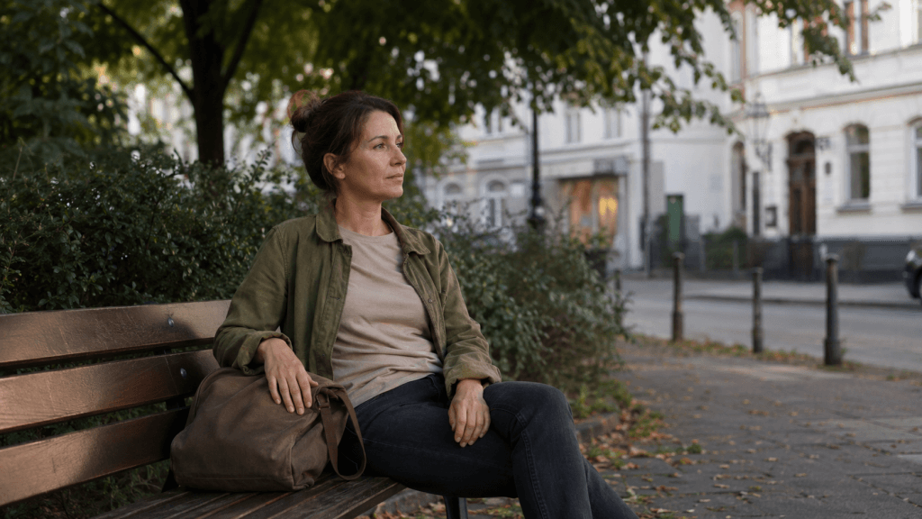 Kreative Auszeit für Frauen: Frau sitzt nach der Arbeit ruhig auf einer Parkbank