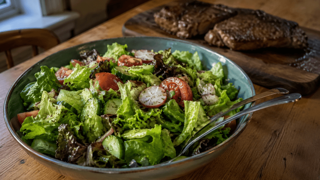 Frischer Blattsalat mit Gurke und Radieschen, dahinter Steak auf einem Holzbrett