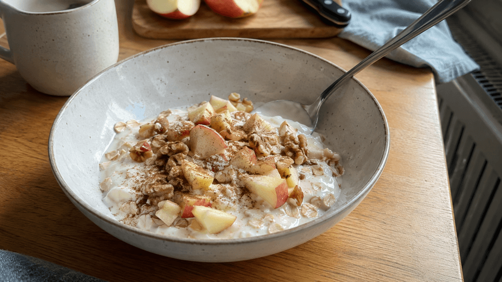 Schüssel mit Joghurt, Haferflocken, Apfel und Walnüssen auf einem Küchentisch
