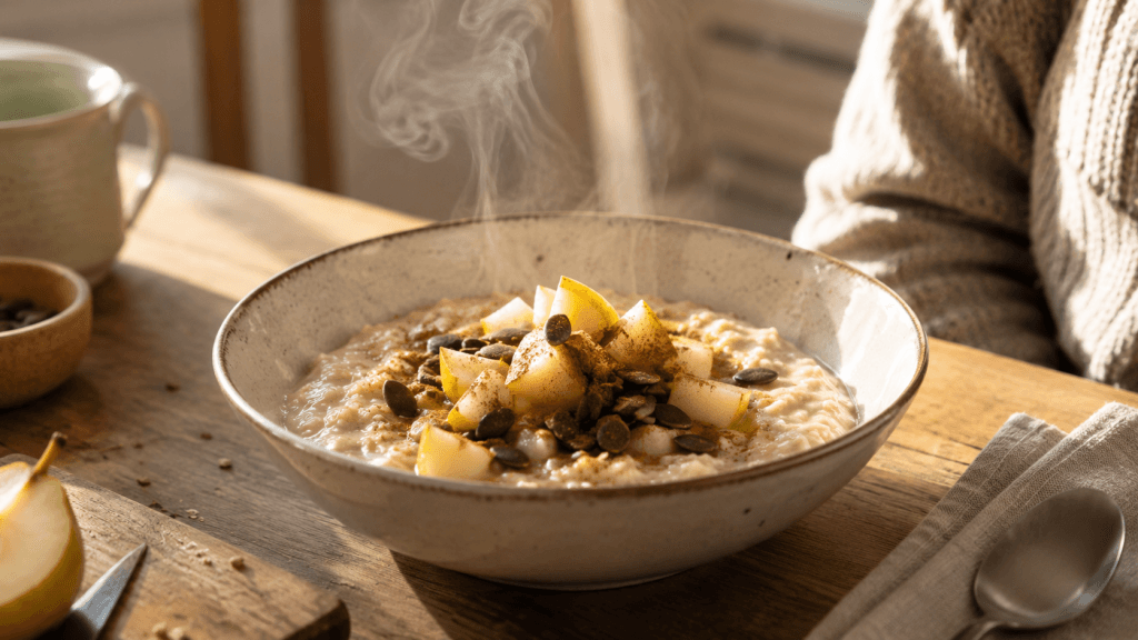 Leichtes Frühstück mit warmem Porridge, Birne, Kürbiskernen und Zimt