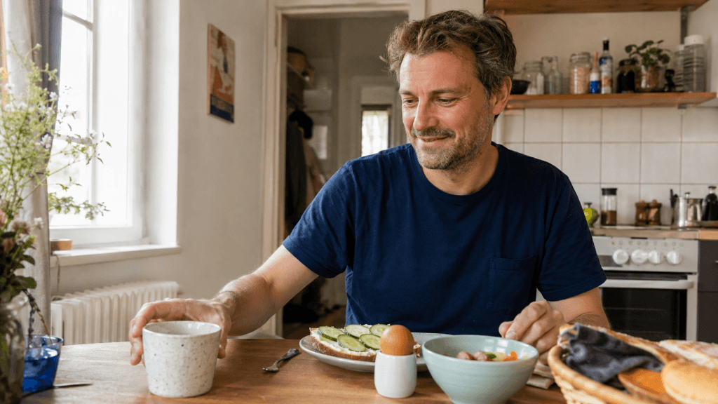 Mann frühstückt Vollkornbrot mit Gurke, Ei, Obst und Kaffee in einer kleinen Küche