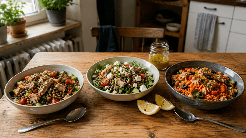 Drei Varianten von Linsensalat mit Thunfisch mit Feta, roten Linsen und Oliven auf einem Holztisch