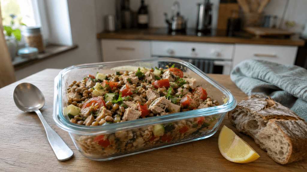 Linsensalat mit Thunfisch, Linsen, Gurke, Tomaten, Paprika und Petersilie in einem offenen Glasbehälter