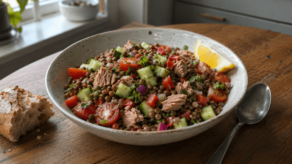 Linsensalat mit Thunfisch Rezept in einer Keramikschale mit Gemüse und Zitrone