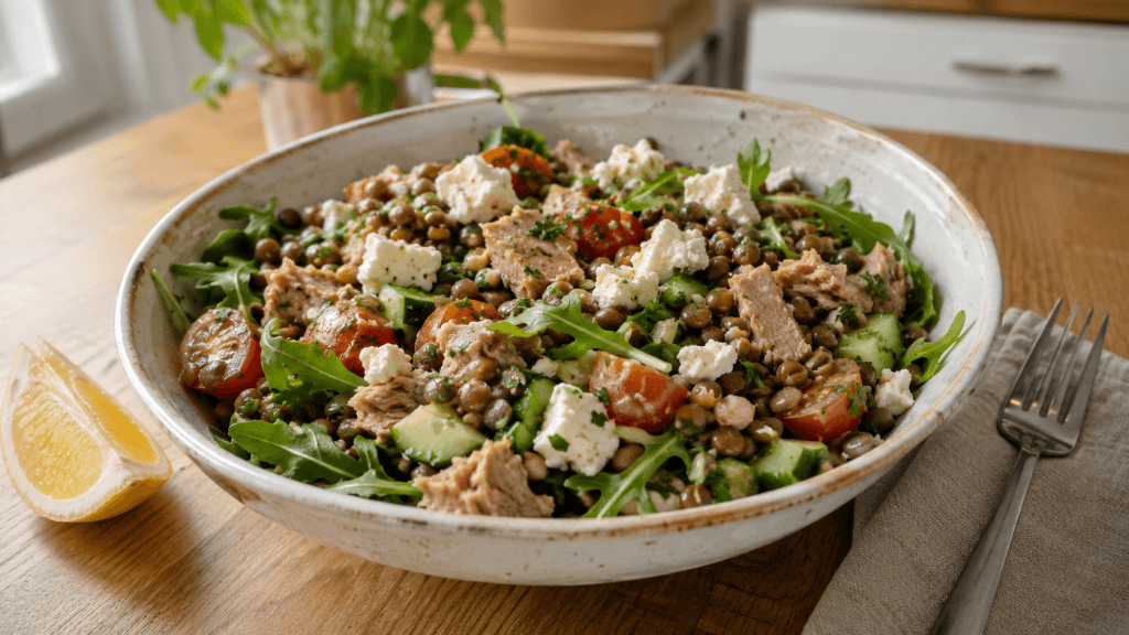 Linsensalat mit Thunfisch und Feta, Rucola, Gurke und Tomaten in einer hellen Schale