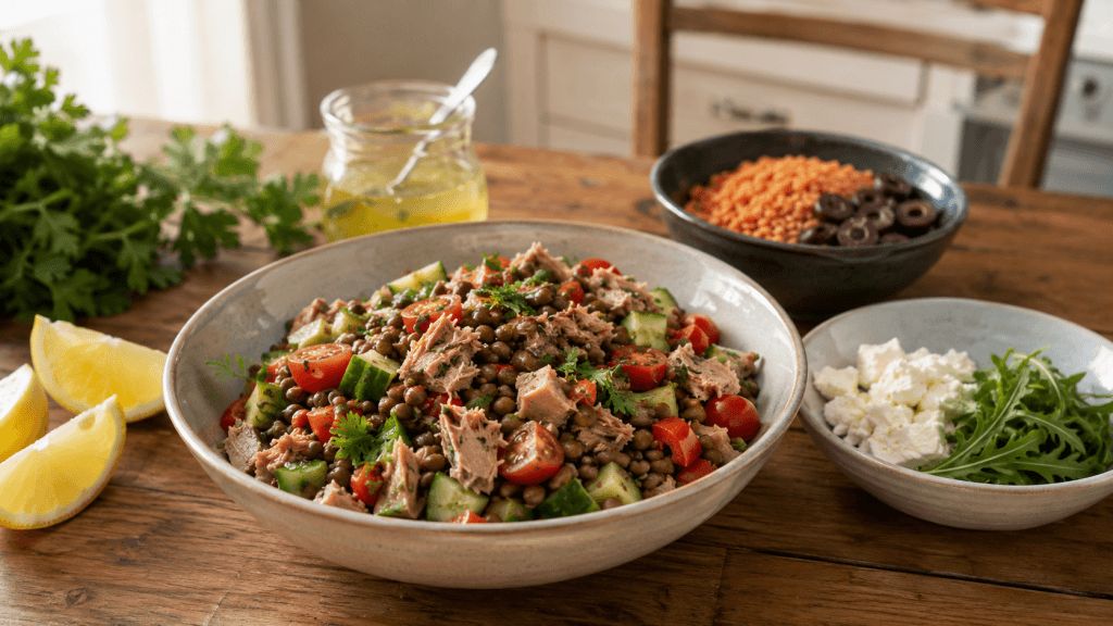 Eine Schale Linsensalat mit Thunfisch und kleine Beilagen mit Feta, Rucola, roten Linsen und Oliven