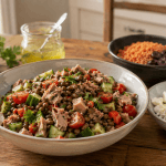 Eine Schale Linsensalat mit Thunfisch und kleine Beilagen mit Feta, Rucola, roten Linsen und Oliven