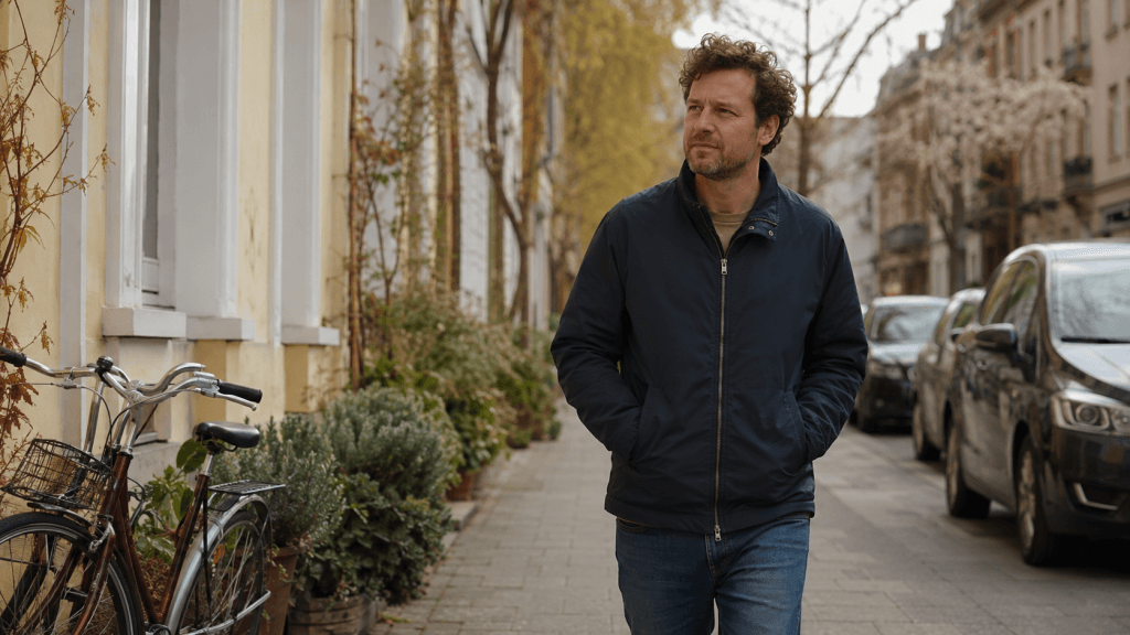 reative Auszeit für Männer: ein Mann geht ohne Telefon durch eine ruhige Straße