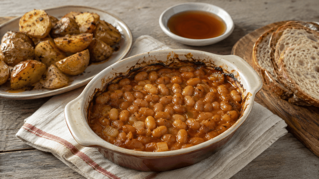 Maple Baked Beans mit heller brauner Sauce, Ofenkartoffeln und rustikalem Brot