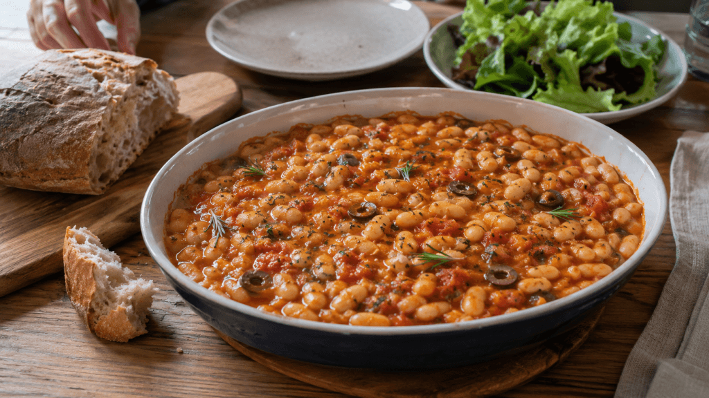 Mediterrane Baked Beans mit Kräutern, Oliven und Tomatensauce
