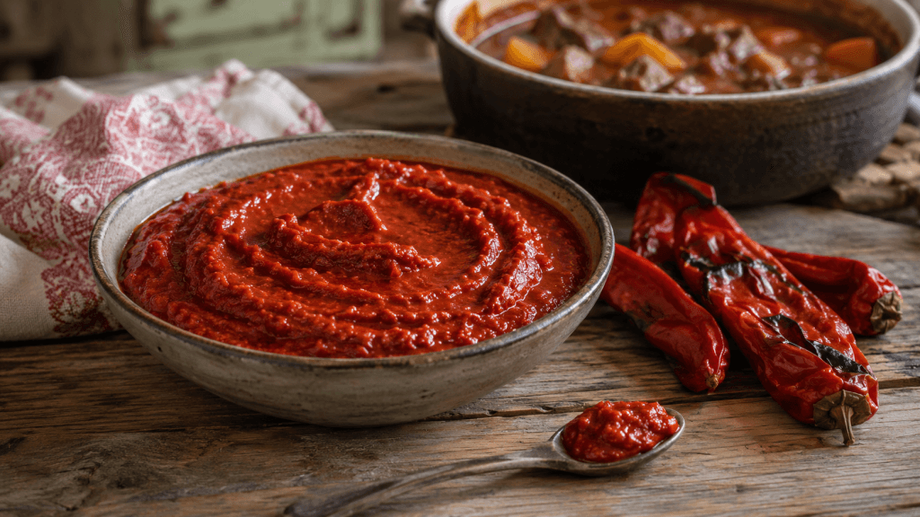 Hausgemachte milde Paprikapaste mit gerösteten roten Paprika