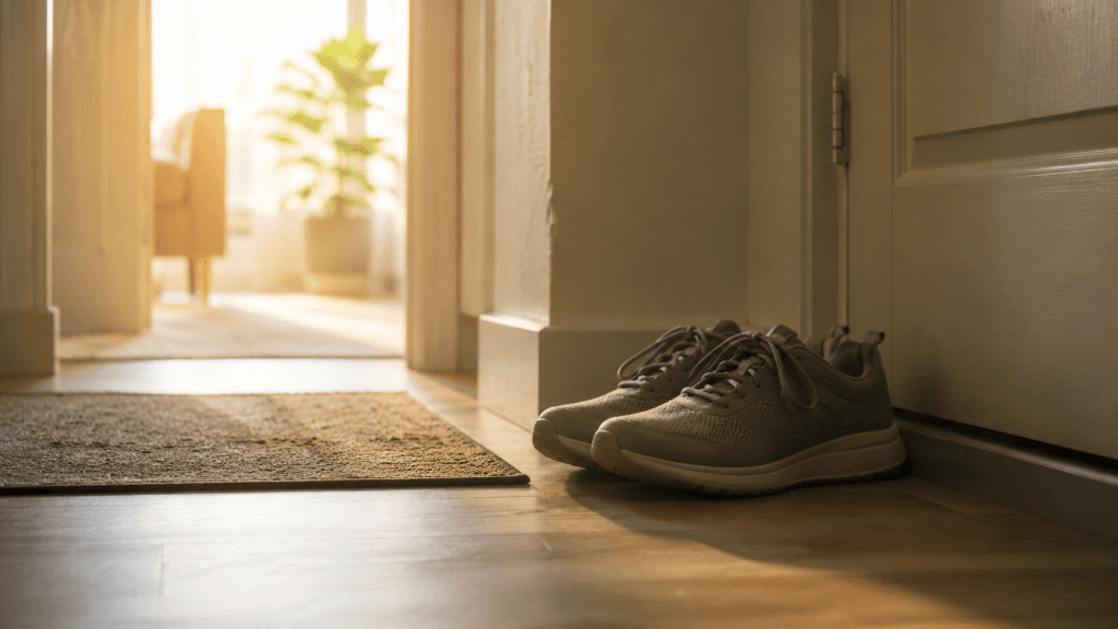 Schuhe an der Wohnungstür als Symbol für Motivation zur Veränderung und den ersten kleinen Schritt im Alltag.