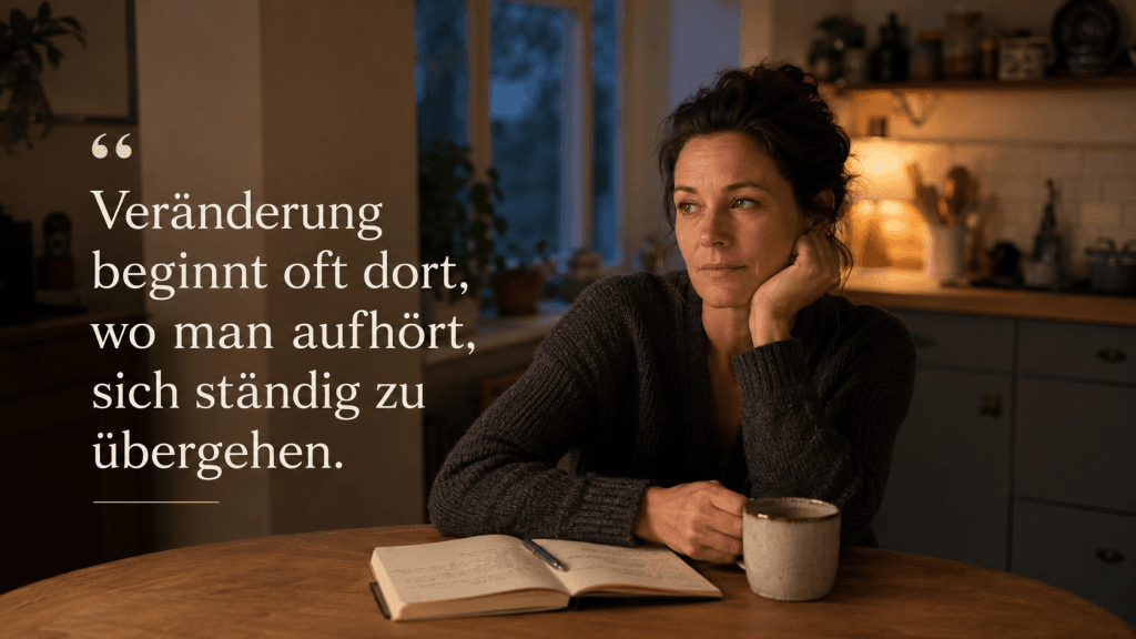 Frau am Küchentisch mit Zitat über Motivation zur Veränderung und den Punkt, an dem man sich nicht mehr übergeht.