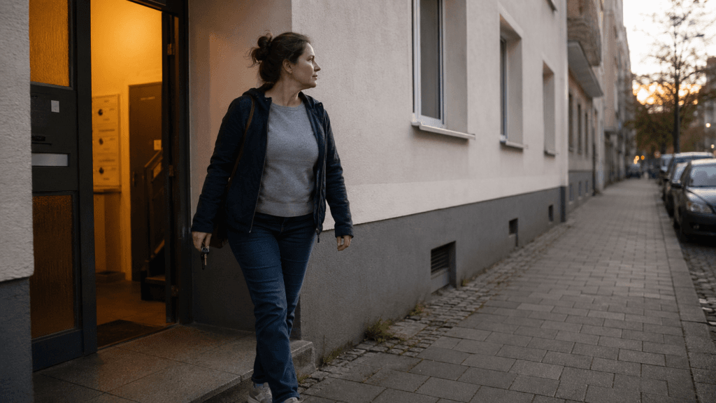 Frau verlässt abends ein Wohnhaus und macht einen kleinen Schritt zur Veränderung im Alltag.