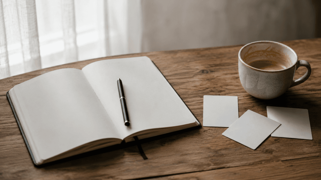 Notizbuch, Kaffee und leere Karten als Symbol für Zögern und Entscheidung